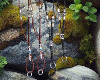 Whistle lanyard braided leather with silver beads brown